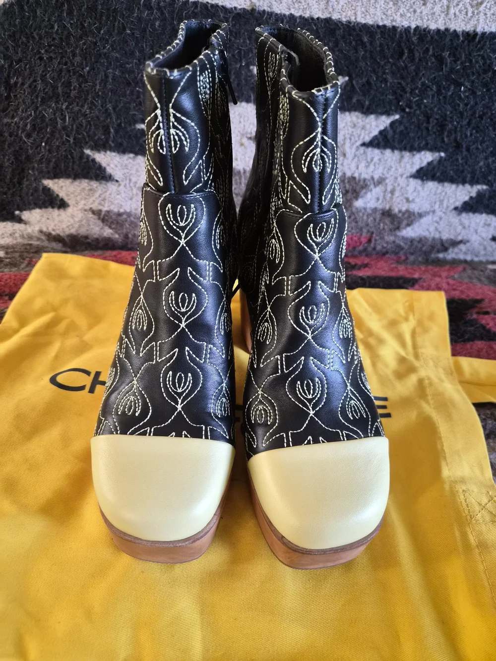 Charlotte Stone Black Embroidered Platform Ankle Boots with Cream Cap Toe